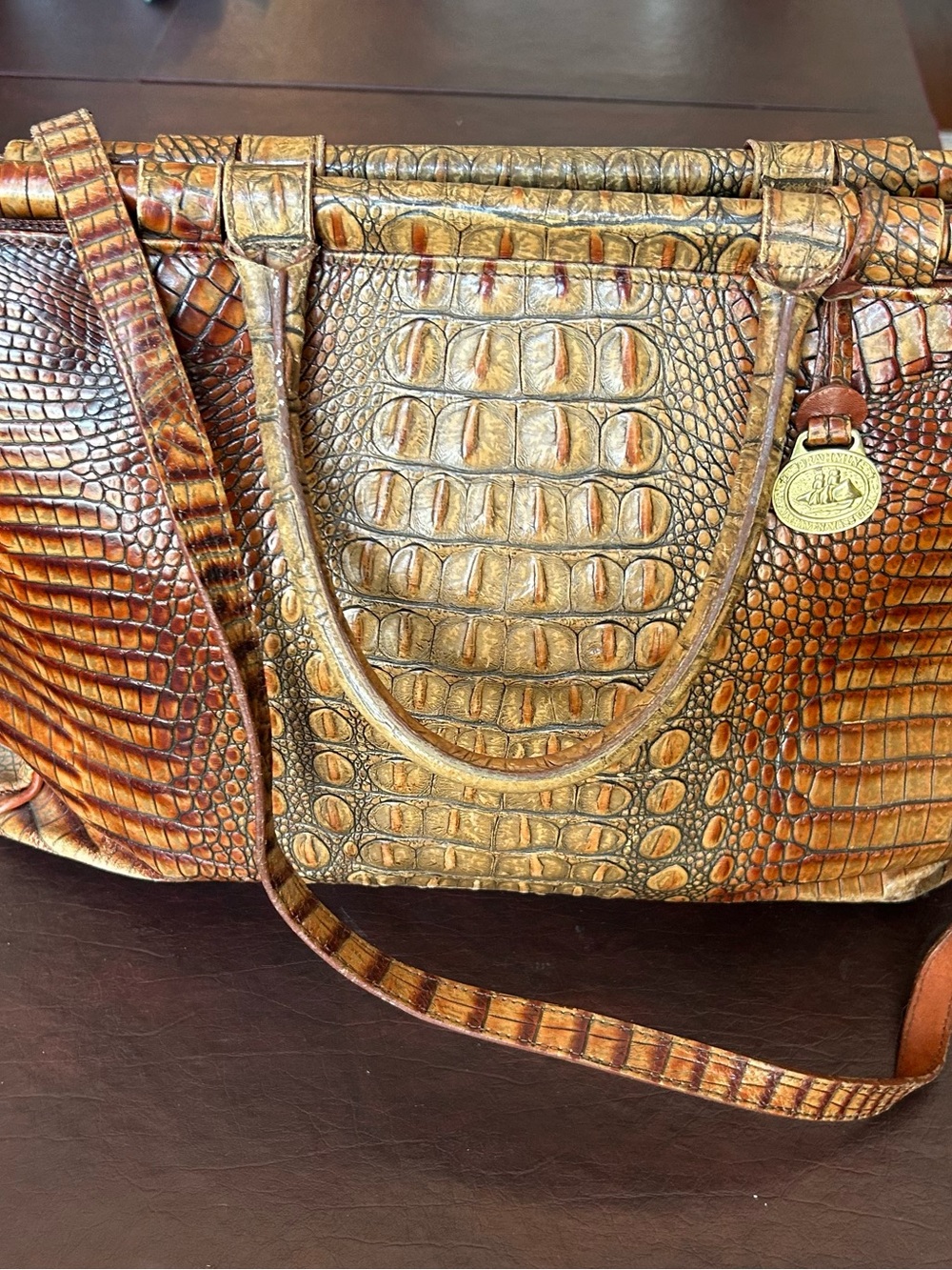 Brahmin Textured Croc-Embossed Brown Leather Tote - Classic Shoulder Bag